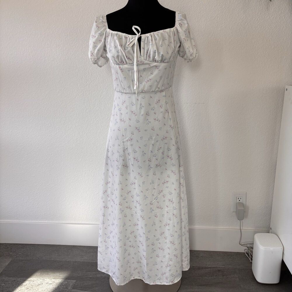 Unbranded Women’s Milkmaid Dress M White Floral Midi Feminine Empire Puff Sleeve